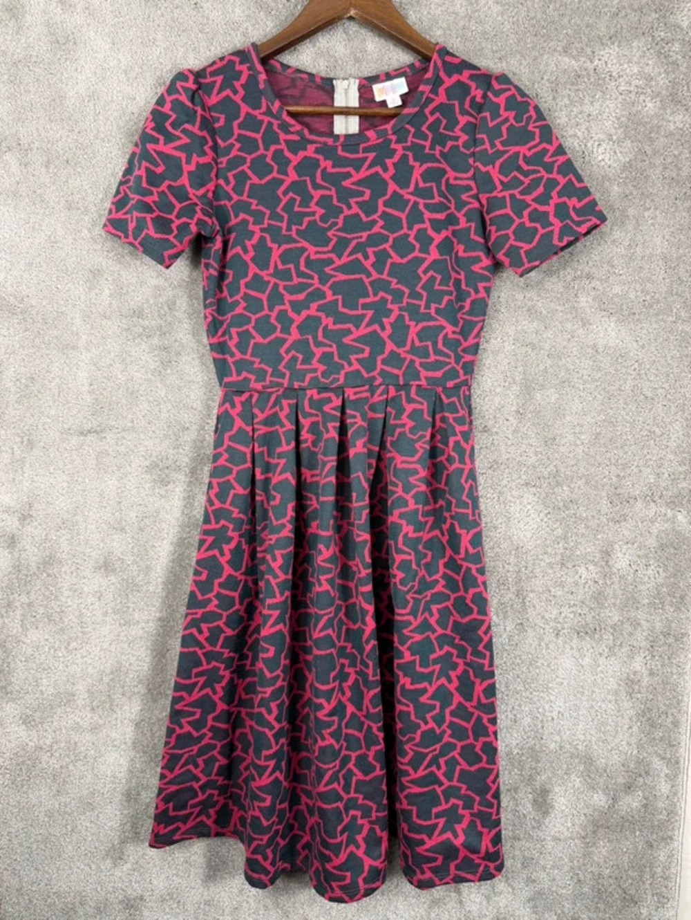 LuLaRoe Amelia Dress Small Red and Charcoal Geometric Print